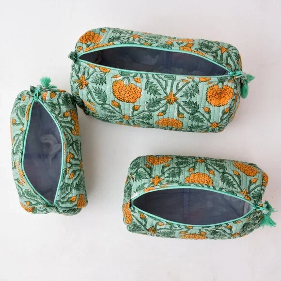 Cotton Toiletry Bag Floral Print Light Green Color Toiletry Bag Pack 3 For Women Storage & Organization